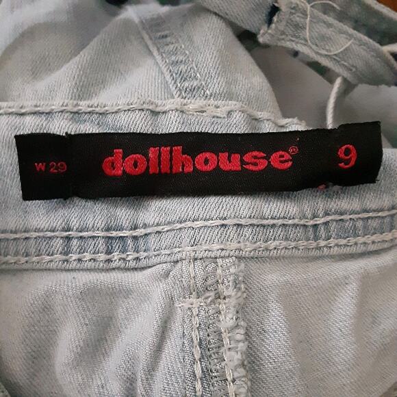 Dollhouse - Bib Overalls Womens Blue Cotton Blend Denim Distressed Short Size 9 - Picture 7 of 12